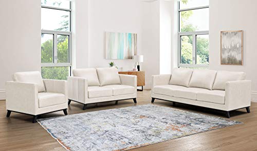 Abbyson Living Mid-Century Modern Premium Top Grain Leather 3-Piece Sofa, Loveseat, and Armchair Set, Ivory