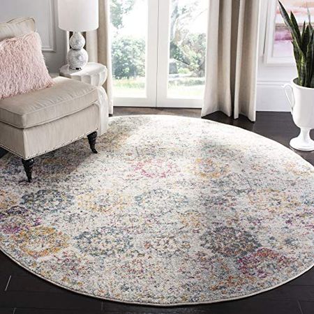 SAFAVIEH Madison Collection 8' Round Grey / Gold MAD611F Boho Chic Floral Medallion Trellis Distressed Non-Shedding Dining Room Entryway Foyer Living Room Bedroom Area Rug