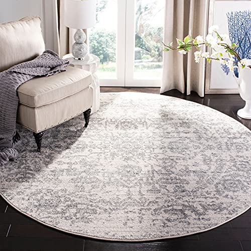 SAFAVIEH Madison Collection 8' Round Silver / Ivory MAD603G Oriental Snowflake Medallion Distressed Non-Shedding Dining Room Entryway Foyer Living Room Bedroom Area Rug