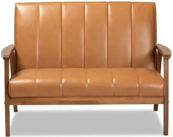 Baxton Studio Nikko Mid-century Modern Tan Faux Leather Upholstered and Walnut Brown finished Wood Loveseat