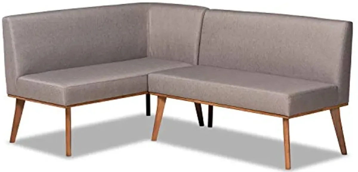 Baxton Studio Odessa Mid-Century Modern Grey Fabric Upholstered and Walnut Brown Finished Wood 2-Piece Dining Corner Sofa Bench