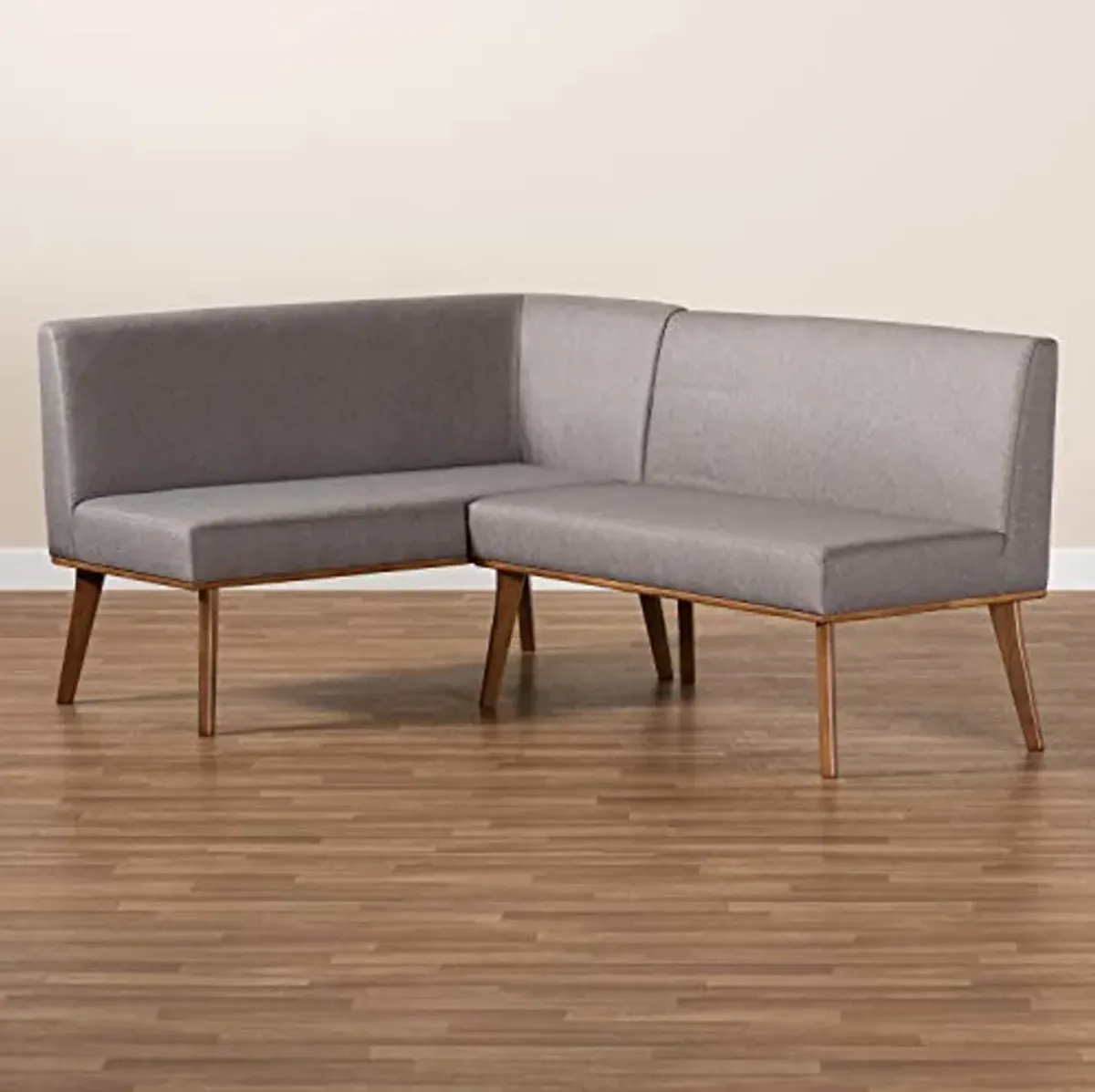 Baxton Studio Odessa Mid-Century Modern Grey Fabric Upholstered and Walnut Brown Finished Wood 2-Piece Dining Corner Sofa Bench