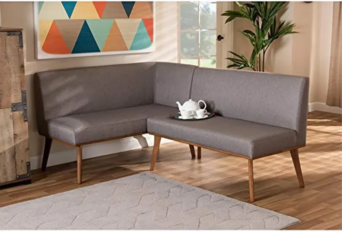 Baxton Studio Odessa Mid-Century Modern Grey Fabric Upholstered and Walnut Brown Finished Wood 2-Piece Dining Corner Sofa Bench