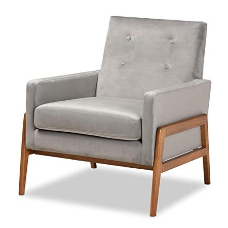 Baxton Studio Perris Mid-Century Modern Grey Velvet Fabric Upholstered and Walnut Brown Finished Wood Lounge Chair