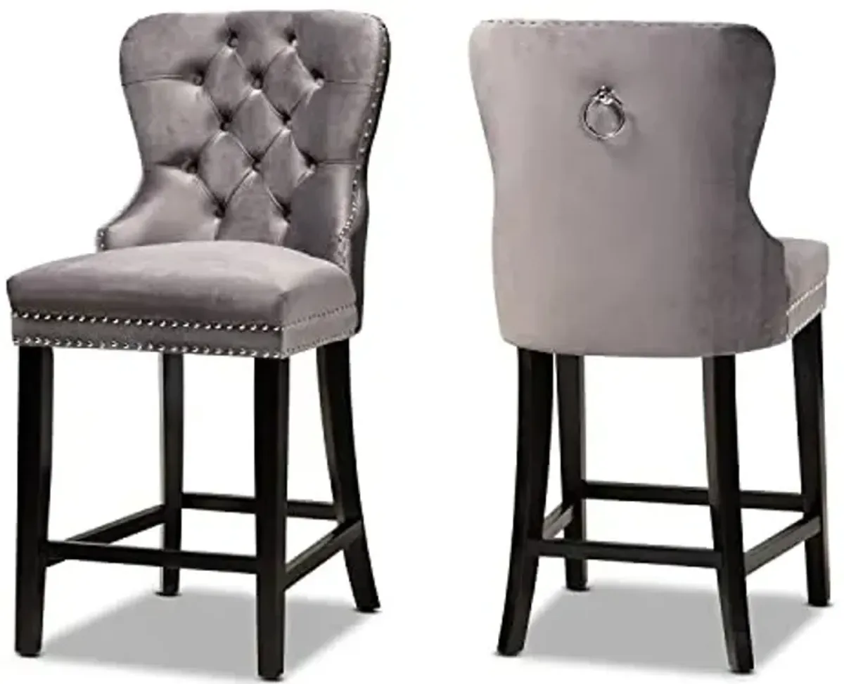 Baxton Studio Howell Modern Transitional Grey Velvet Upholstered and Dark Brown Finished Wood 2-Piece Counter Stool Set