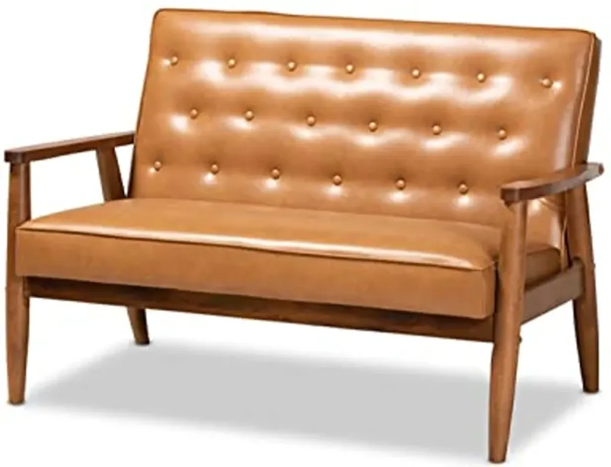 Baxton Studio Sorrento Mid-Century Modern Tan Faux Leather Upholstered and Walnut Brown Finished Wood Loveseat