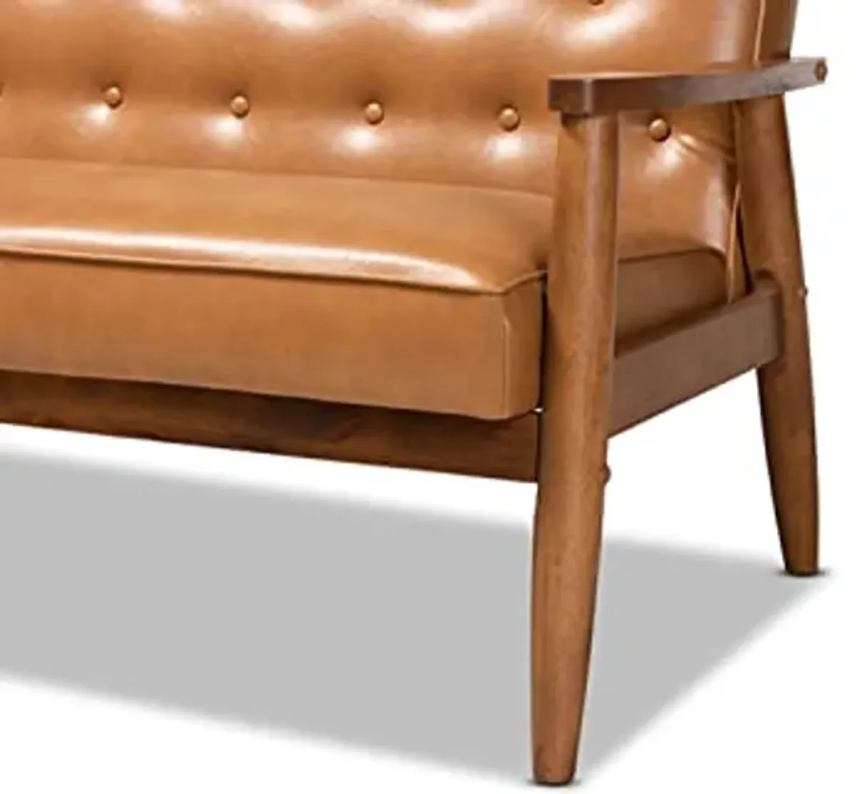 Baxton Studio Sorrento Mid-Century Modern Tan Faux Leather Upholstered and Walnut Brown Finished Wood Loveseat