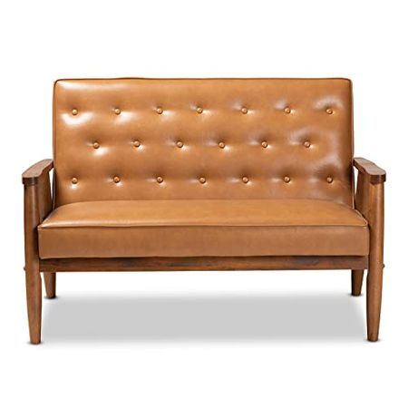 Baxton Studio Sorrento Mid-Century Modern Tan Faux Leather Upholstered and Walnut Brown Finished Wood Loveseat
