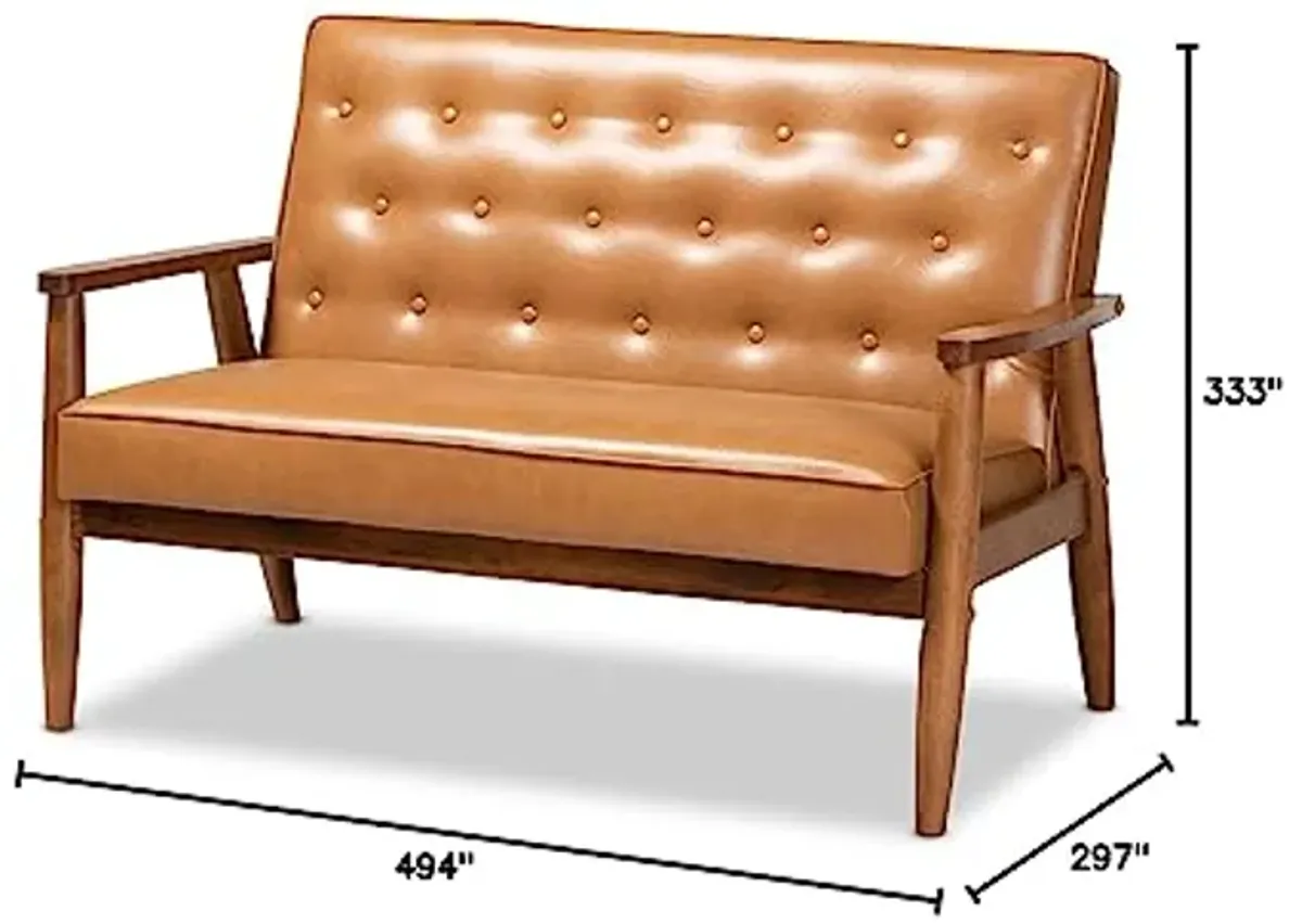 Baxton Studio Sorrento Mid-Century Modern Tan Faux Leather Upholstered and Walnut Brown Finished Wood Loveseat