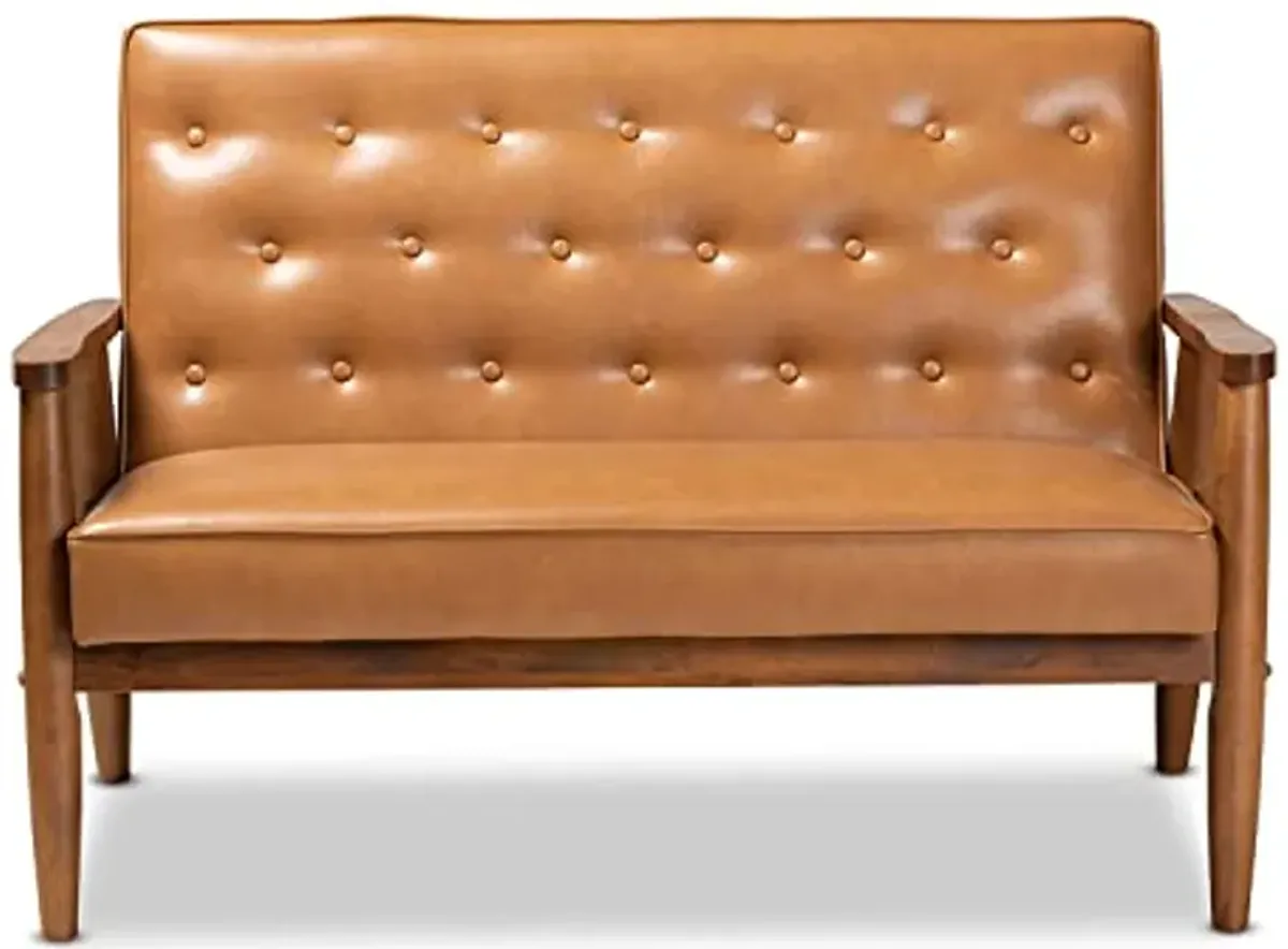 Baxton Studio Sorrento Mid-Century Modern Tan Faux Leather Upholstered and Walnut Brown Finished Wood Loveseat