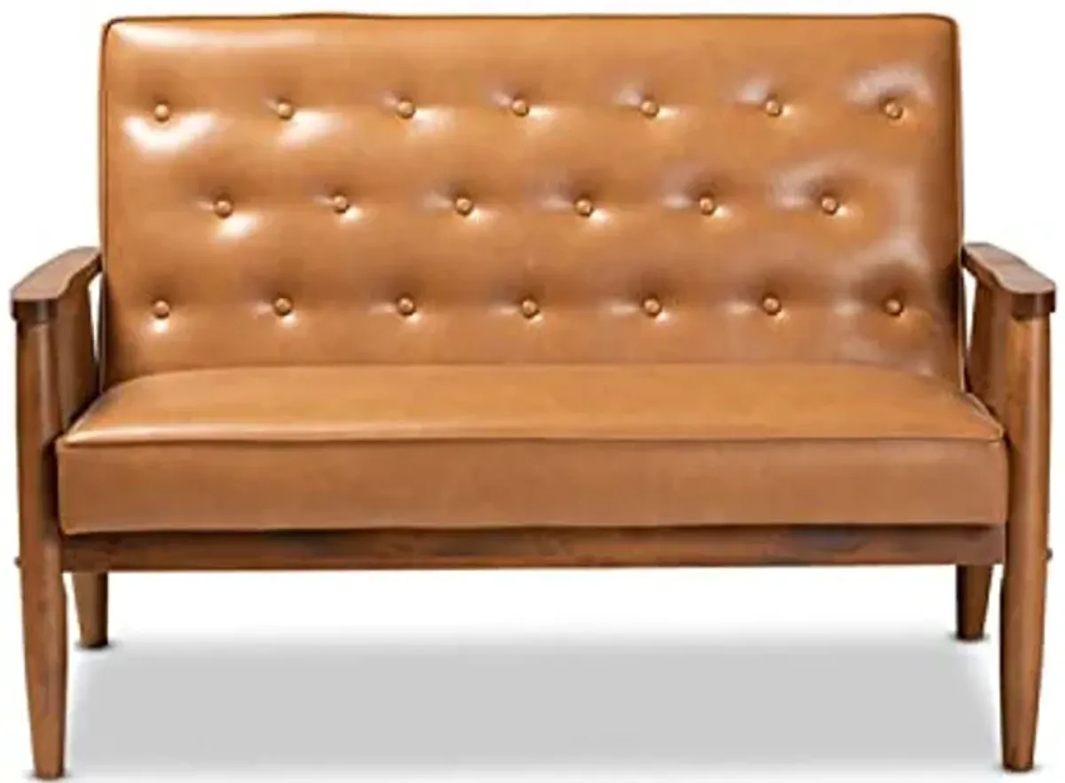 Baxton Studio Sorrento Mid-Century Modern Tan Faux Leather Upholstered and Walnut Brown Finished Wood Loveseat