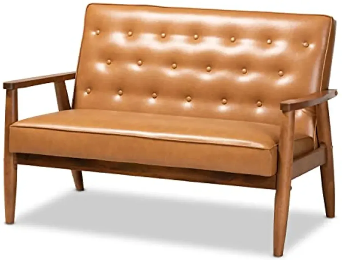 Baxton Studio Sorrento Mid-Century Modern Tan Faux Leather Upholstered and Walnut Brown Finished Wood Loveseat