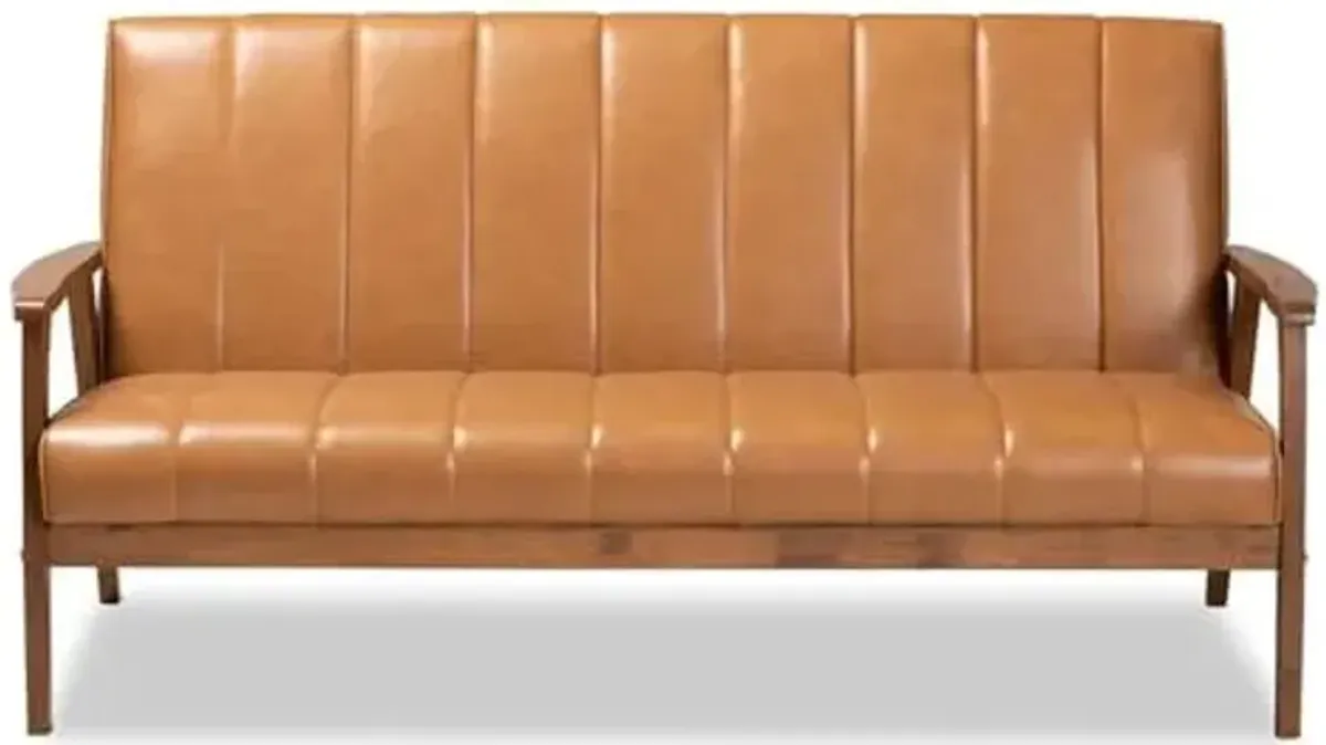 Baxton Studio Nikko Mid-century Modern Tan Faux Leather Upholstered and Walnut Brown finished Wood Sofa