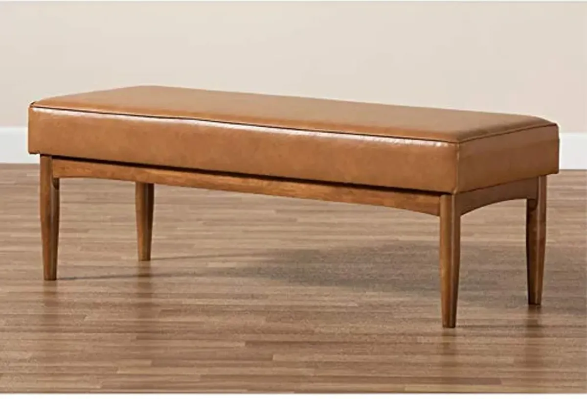 Baxton Studio Arvid Mid-Century Modern Tan Faux Leather Upholstered and Walnut Brown Finished Wood Dining Bench