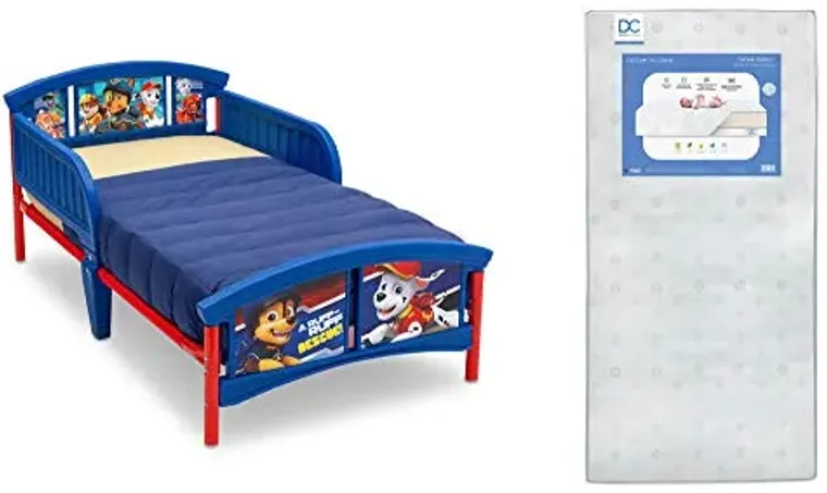 Delta Children Plastic Toddler Bed, Nick Jr. PAW Patrol Twinkle Galaxy Dual Sided Recycled Fiber Core Toddler Mattress (Bundle)