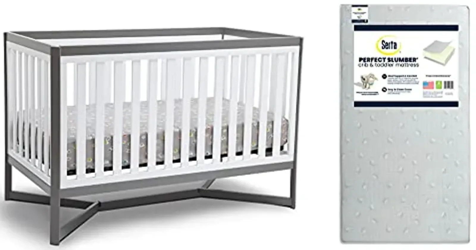 Delta Children Tribeca 4-in-1 Baby Convertible Crib + Serta Perfect Slumber Dual Sided Recycled Fiber Core Crib & Toddler Mattress - Waterproof - Hypoallergenic - GREENGUARD Gold Certified, Grey/White