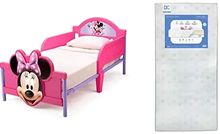 Delta Children 3D-Footboard Toddler Bed, Disney Minnie Mouse + Delta Children Twinkle Galaxy Dual Sided Recycled Fiber Core Toddler Mattress (Bundle)