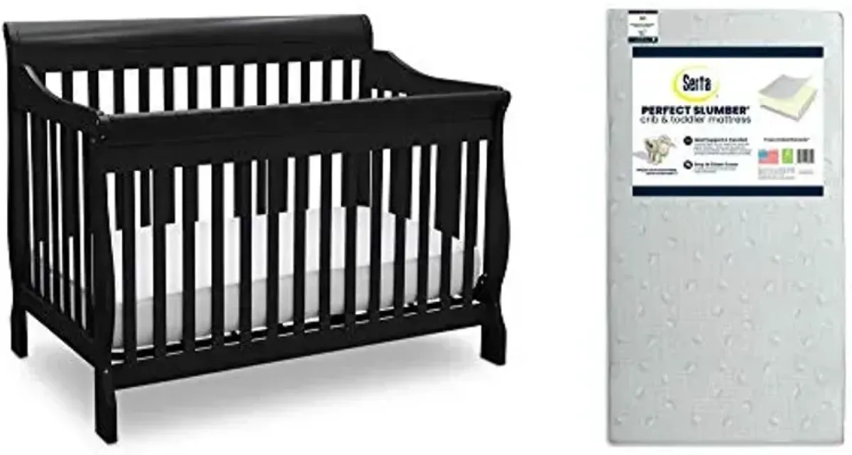 Delta Children Canton 4 in 1 Convertible Crib, Black + Serta Perfect Slumber Dual Sided Recycled Fiber Core Crib and Toddler Mattress (Bundle)
