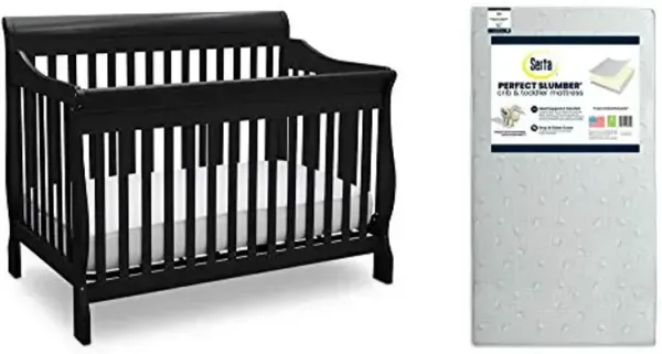 Delta Children Canton 4 in 1 Convertible Crib, Black + Serta Perfect Slumber Dual Sided Recycled Fiber Core Crib and Toddler Mattress (Bundle)