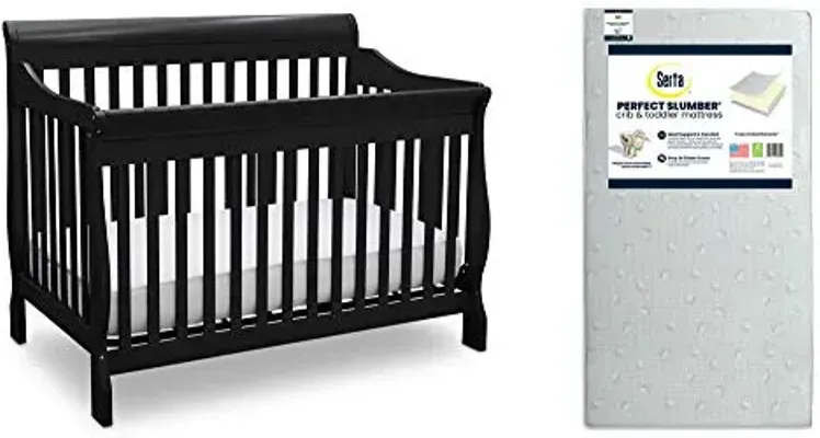 Delta Children Canton 4 in 1 Convertible Crib, Black + Serta Perfect Slumber Dual Sided Recycled Fiber Core Crib and Toddler Mattress (Bundle)