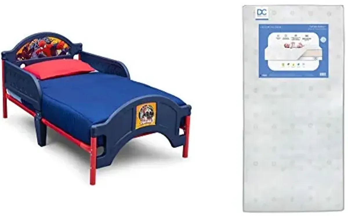 Delta Children Plastic Toddler Bed, Marvel Spider-Man + Delta Children Twinkle Galaxy Dual Sided Recycled Fiber Core Toddler Mattress (Bundle)