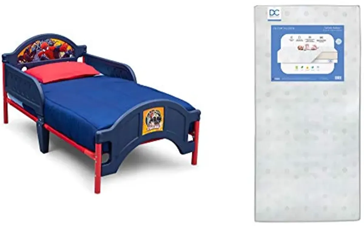 Delta Children Plastic Toddler Bed, Marvel Spider-Man + Delta Children Twinkle Galaxy Dual Sided Recycled Fiber Core Toddler Mattress (Bundle)