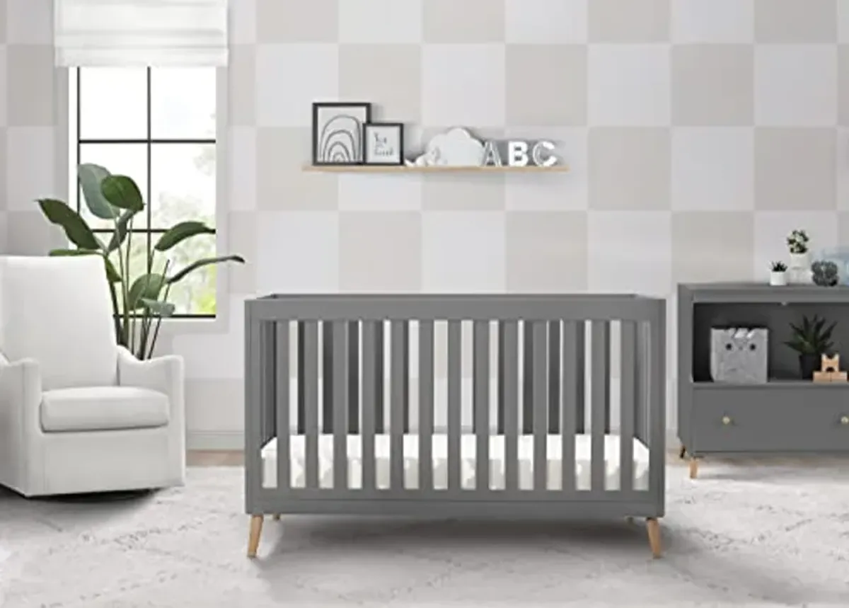 Delta Children Essex 4-in-1 Convertible Baby Crib, Grey with Natural Legs + Delta Children Twinkle Galaxy Dual Sided Recycled Fiber Core Crib and Toddler Mattress (Bundle)