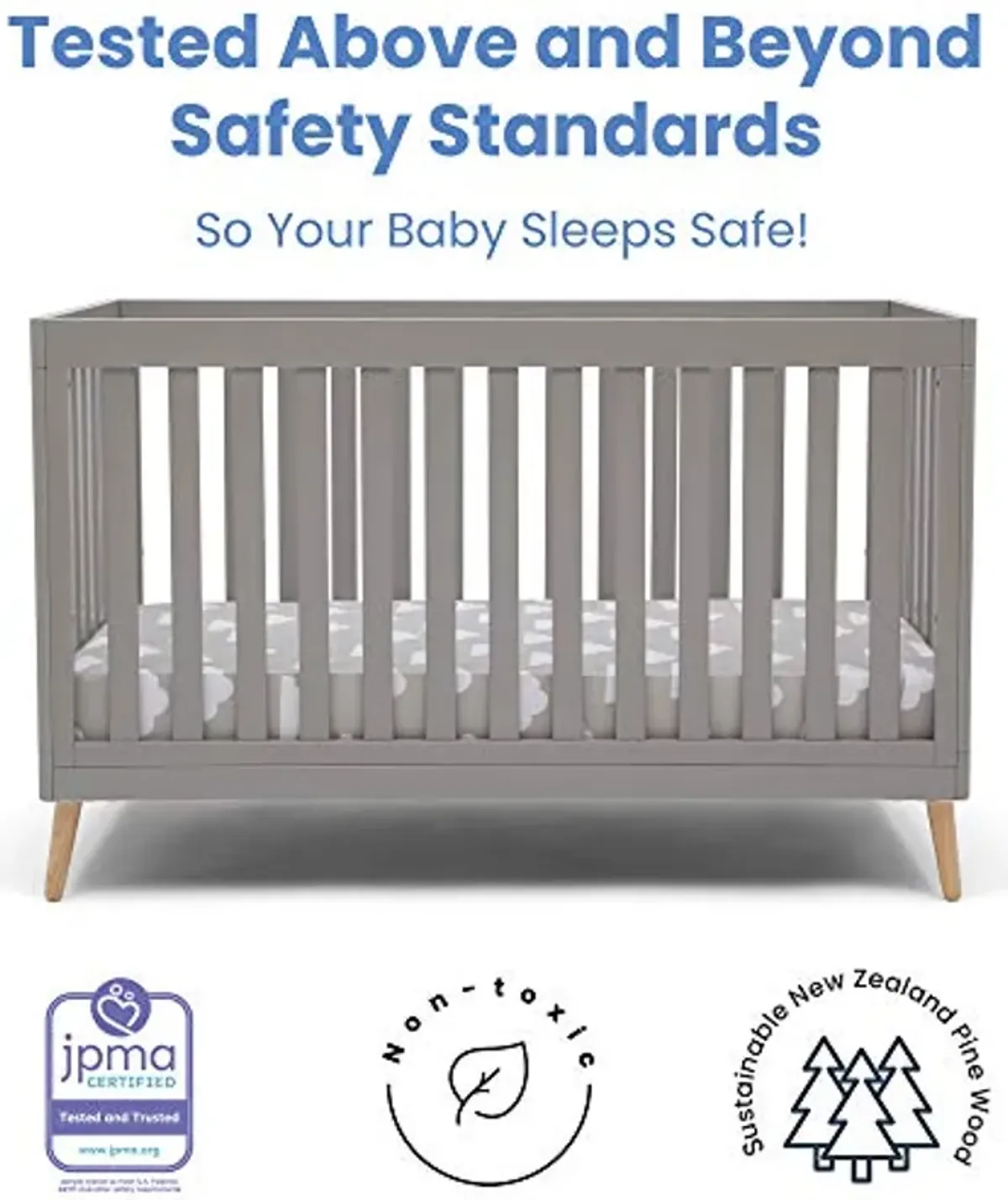 Delta Children Essex 4-in-1 Convertible Baby Crib, Grey with Natural Legs + Delta Children Twinkle Galaxy Dual Sided Recycled Fiber Core Crib and Toddler Mattress (Bundle)