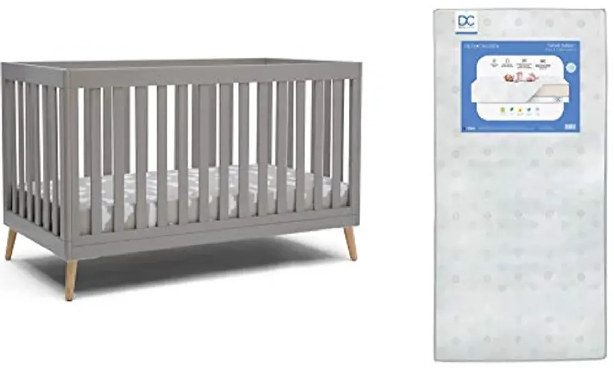 Delta Children Essex 4-in-1 Convertible Baby Crib, Grey with Natural Legs + Delta Children Twinkle Galaxy Dual Sided Recycled Fiber Core Crib and Toddler Mattress (Bundle)