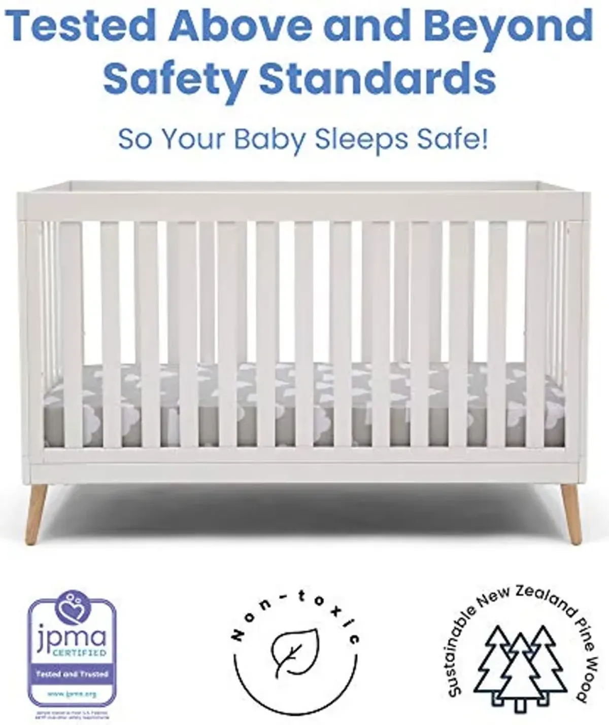 Delta Children Essex 4-in-1 Convertible Baby Crib, Bianca White with Natural Legs + Delta Children Twinkle Galaxy Dual Sided Recycled Fiber Core Crib and Toddler Mattress (Bundle)