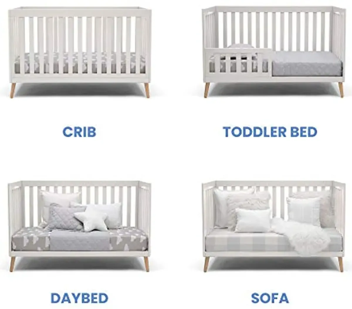 Delta Children Essex 4-in-1 Convertible Baby Crib, Bianca White with Natural Legs + Delta Children Twinkle Galaxy Dual Sided Recycled Fiber Core Crib and Toddler Mattress (Bundle)