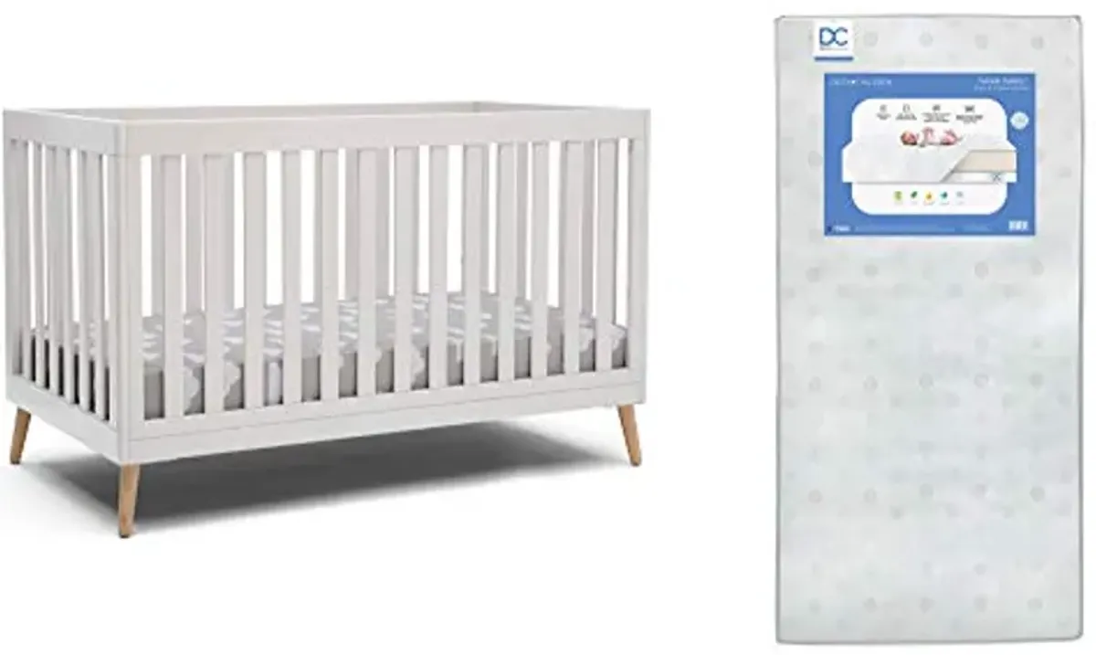 Delta Children Essex 4-in-1 Convertible Baby Crib, Bianca White with Natural Legs + Delta Children Twinkle Galaxy Dual Sided Recycled Fiber Core Crib and Toddler Mattress (Bundle)