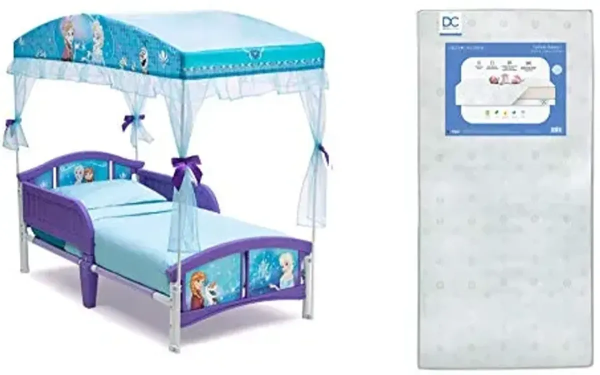 Delta Children Canopy Toddler Bed, Disney Frozen + Delta Children Twinkle Galaxy Dual Sided Recycled Fiber Core Toddler Mattress (Bundle)