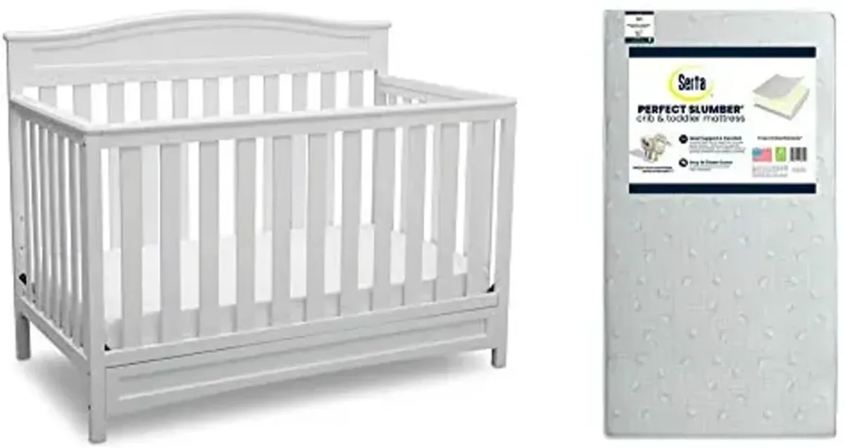 Delta Children Emery 4-in-1 Crib, White + Serta Perfect Slumber Dual Sided Recycled Fiber Core Crib and Toddler Mattress (Bundle)