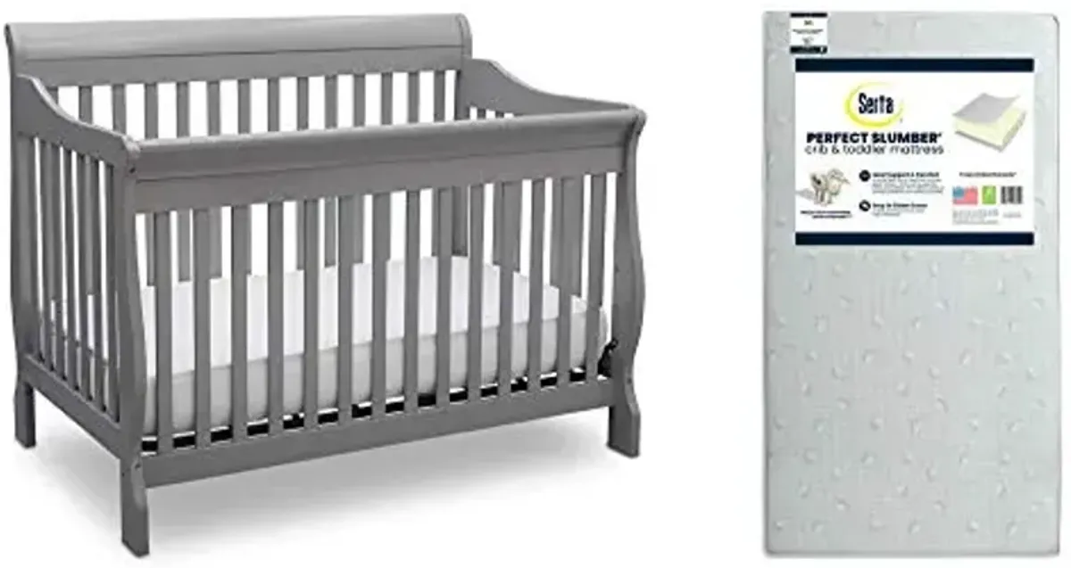 Delta Children Canton 4-in-1 Convertible Crib, Grey + Serta Perfect Slumber Dual Sided Recycled Fiber Core Crib and Toddler Mattress (Bundle)