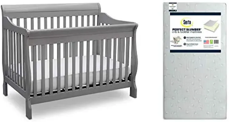 Delta Children Canton 4-in-1 Convertible Crib, Grey + Serta Perfect Slumber Dual Sided Recycled Fiber Core Crib and Toddler Mattress (Bundle)