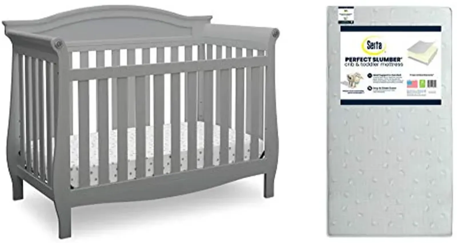 Delta Children Lancaster 4-in-1 Convertible Baby Crib, Grey + Serta Perfect Slumber Dual Sided Recycled Fiber Core Crib and Toddler Mattress (Bundle)