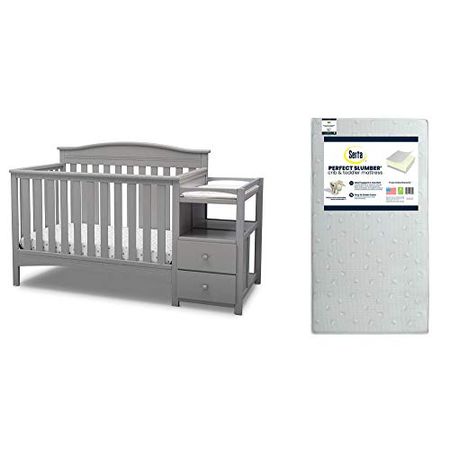Delta Children Birkley Convertible Crib N Changer, Grey + Serta Perfect Slumber Dual Sided Recycled Fiber Core Crib and Toddler Mattress (Bundle)