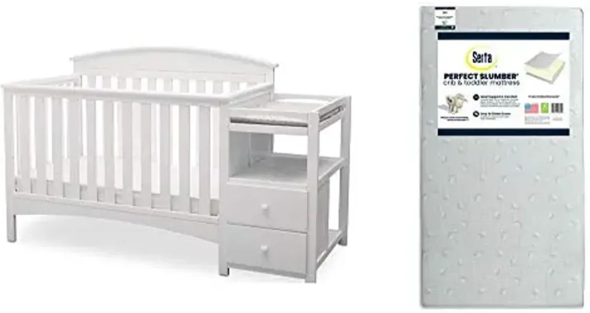 Delta Children Abby Convertible Crib 'N' Changer, Bianca + Serta Perfect Slumber Dual Sided Recycled Fiber Core Crib and Toddler Mattress (Bundle)