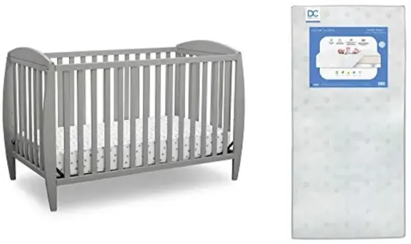 Delta Children Twinkle 4-in-1 Convertible Baby Crib, Sustainable New Zealand Wood, Grey and Delta Children Twinkle Galaxy Dual Sided Recycled Fiber Core Crib and Toddler Mattress (Bundle)