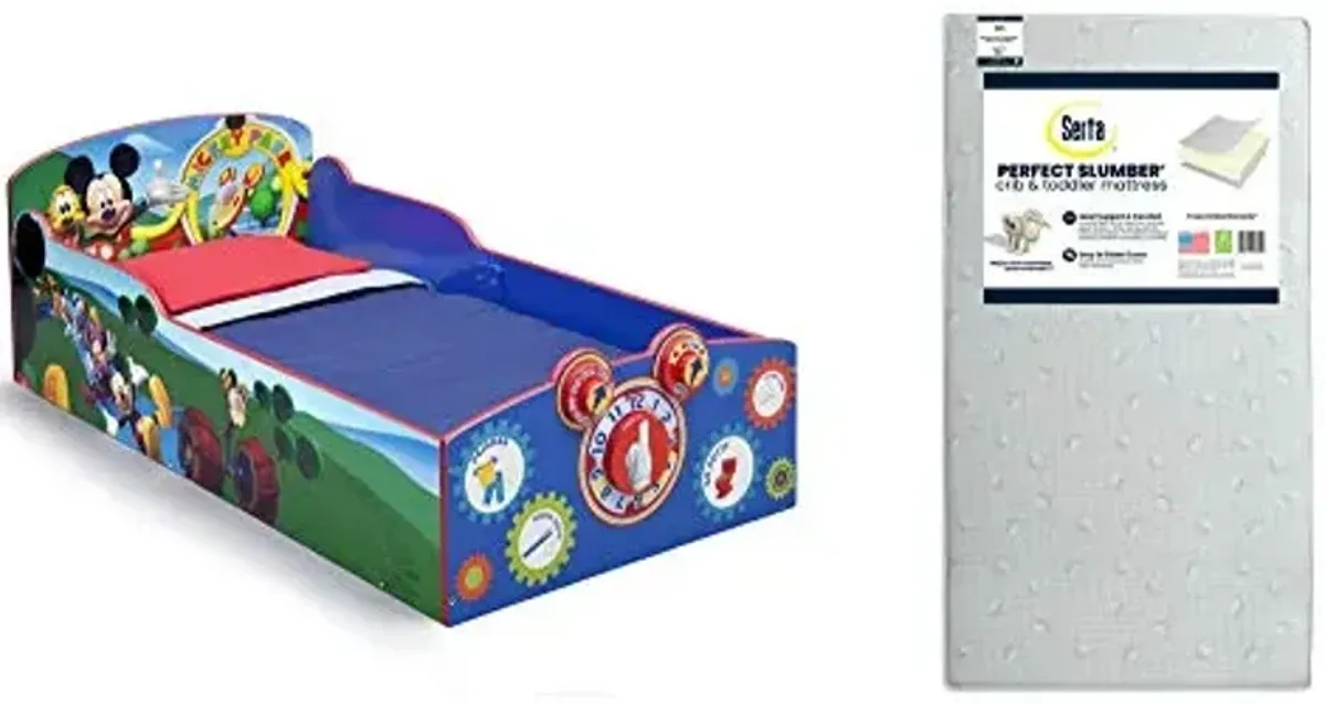 Delta Children Interactive Wood Toddler Bed, Disney Mickey Mouse + Serta Perfect Slumber Dual Sided Recycled Fiber Core Toddler Mattress (Bundle)