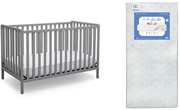 Delta Children Heartland 4-in-1 Convertible Crib, Grey + Delta Children Twinkle Galaxy Dual Sided Recycled Fiber Core Crib and Toddler Mattress (Bundle)