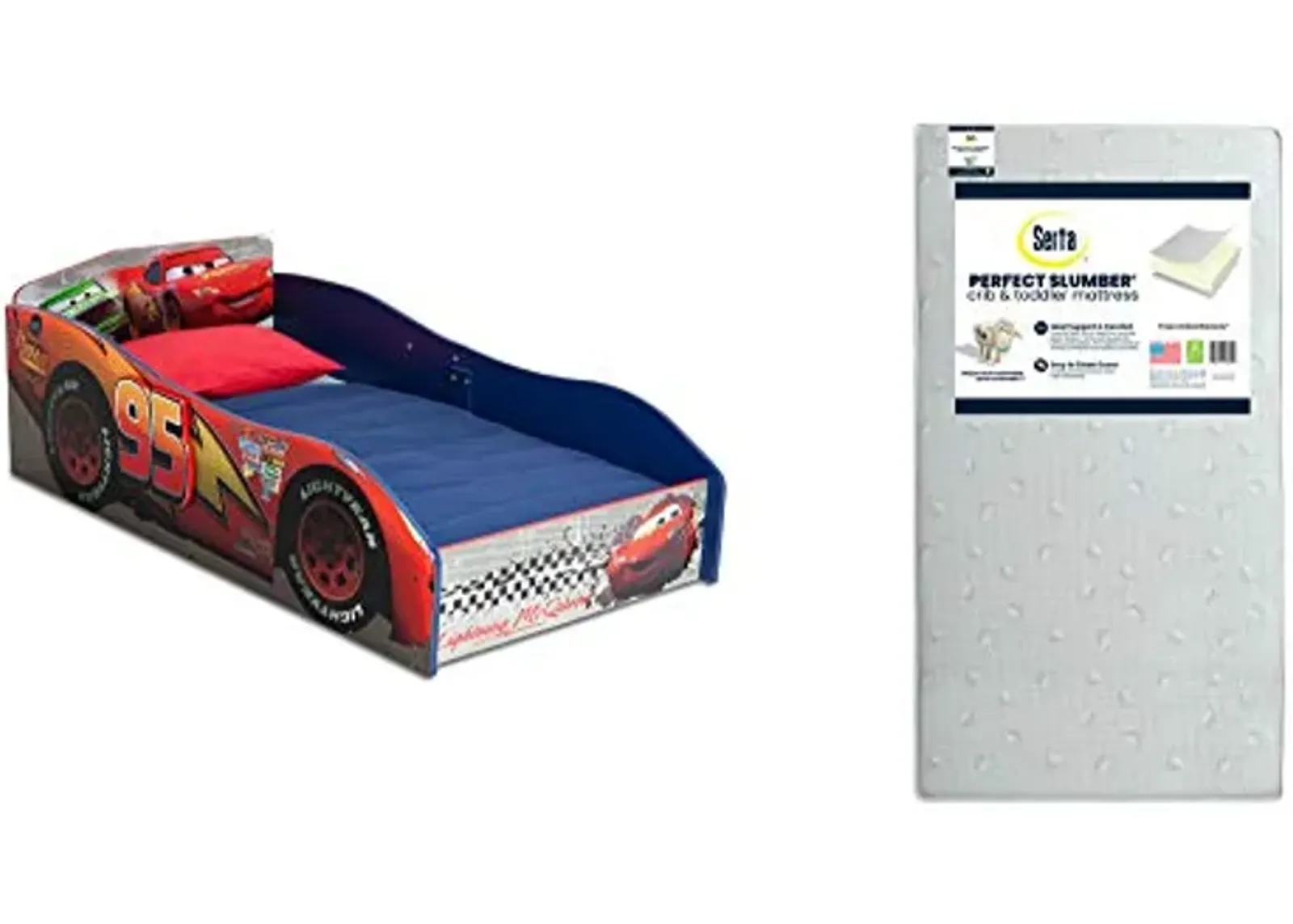 Delta Children Disney/Pixar Cars Wood Toddler Bed + Serta Perfect Slumber Dual Sided Recycled Fiber Core Crib and Toddler Mattress (Bundle)