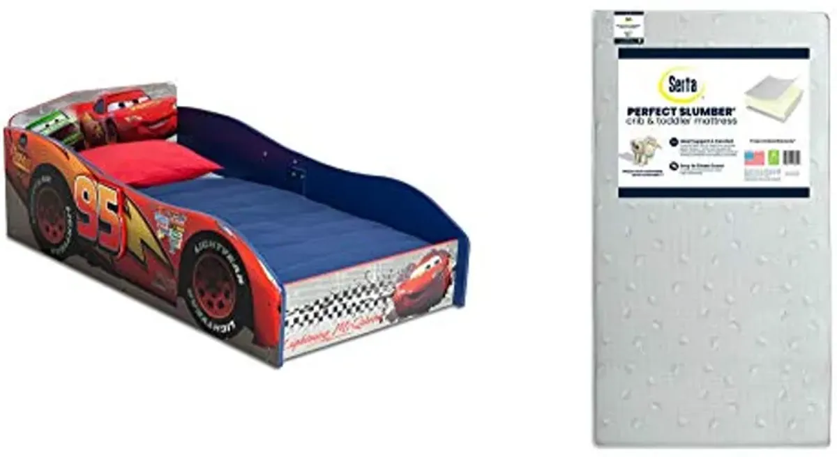 Delta Children Disney/Pixar Cars Wood Toddler Bed + Serta Perfect Slumber Dual Sided Recycled Fiber Core Crib and Toddler Mattress (Bundle)