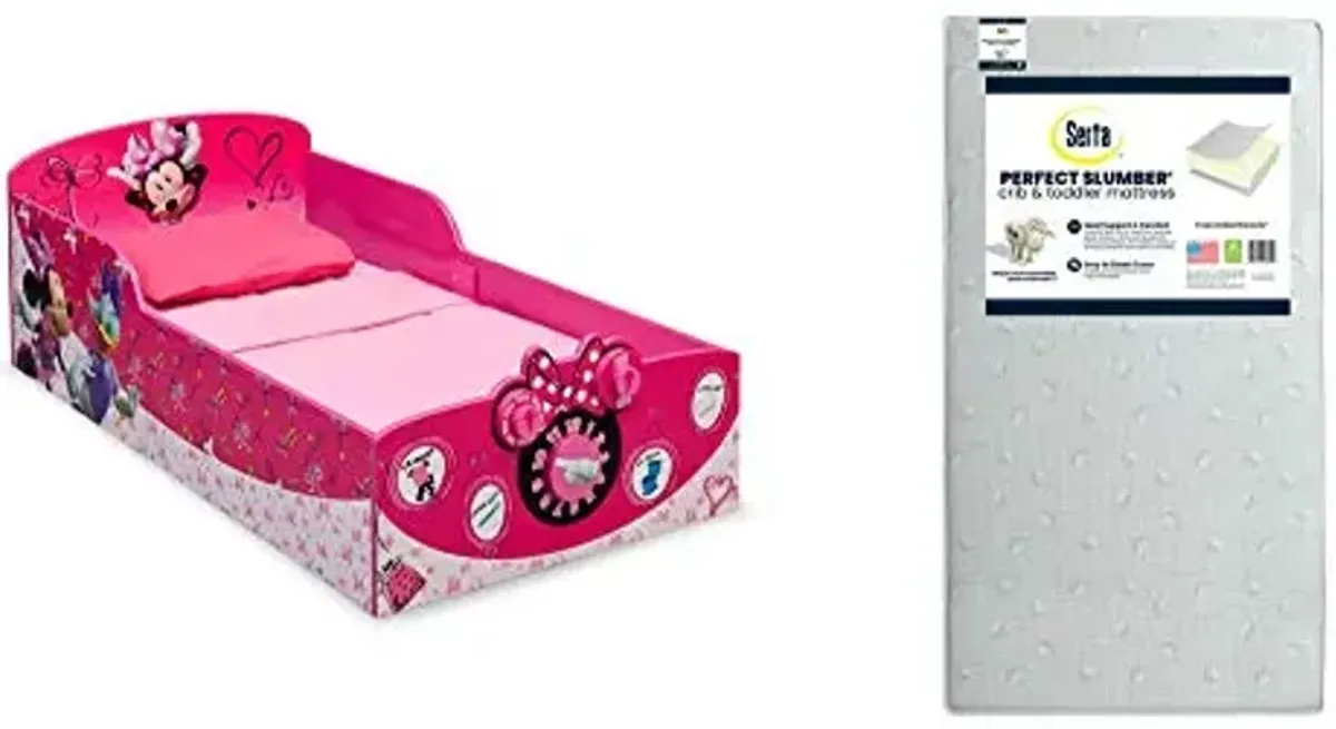 Delta Children Interactive Wood Toddler Bed, Disney Minnie Mouse + Serta Perfect Slumber Dual Sided Recycled Fiber Core Toddler Mattress (Bundle)
