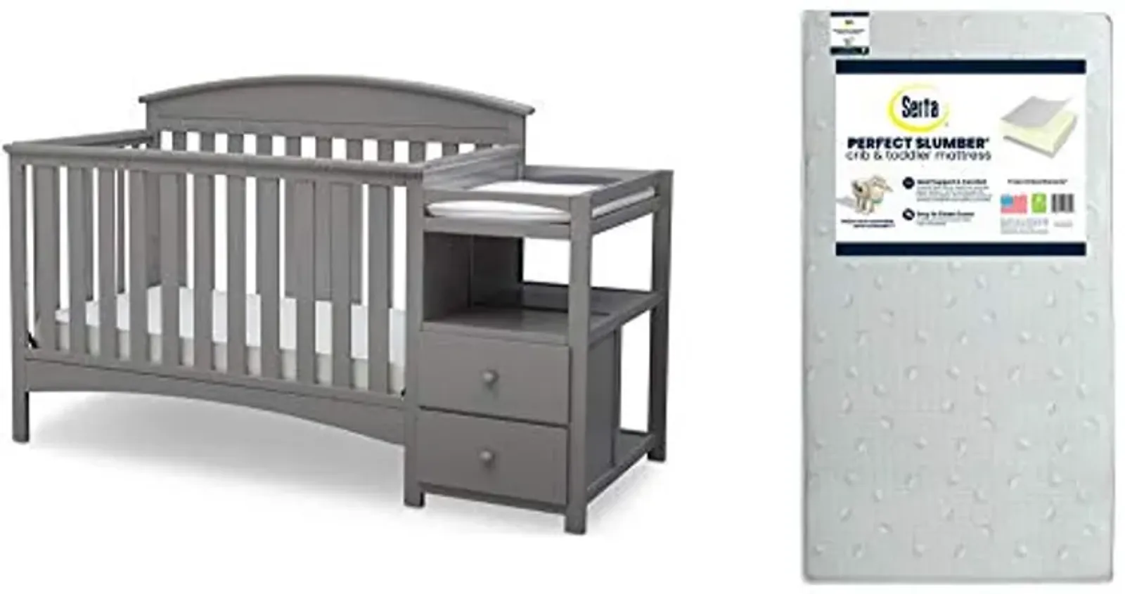 Delta Children Abby Convertible Crib 'N' Changer, Grey + Serta Perfect Slumber Dual Sided Recycled Fiber Core Crib and Toddler Mattress (Bundle)