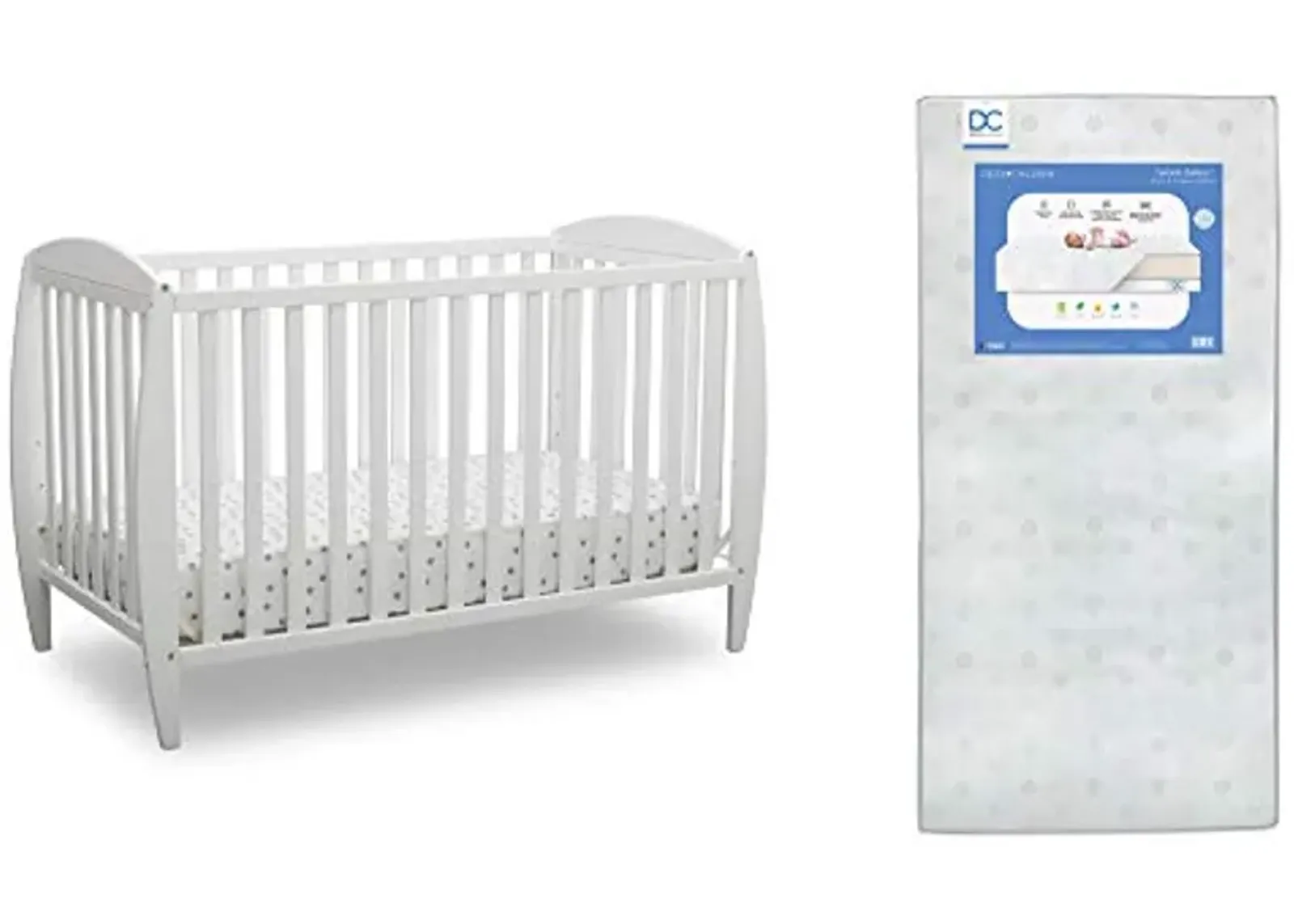 Delta Children Twinkle 4-in-1 Convertible Baby Crib, Sustainable New Zealand Wood, White and Delta Children Twinkle Galaxy Dual Sided Recycled Fiber Core Crib and Toddler Mattress (Bundle)