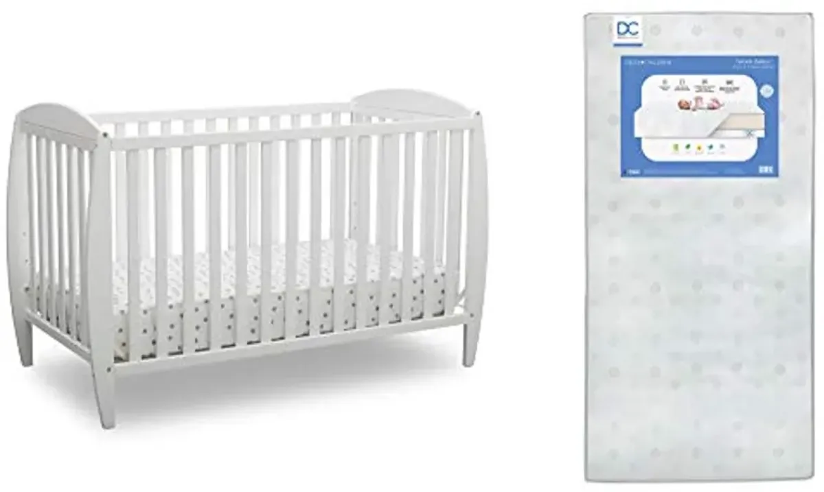 Delta Children Twinkle 4-in-1 Convertible Baby Crib, Sustainable New Zealand Wood, White and Delta Children Twinkle Galaxy Dual Sided Recycled Fiber Core Crib and Toddler Mattress (Bundle)