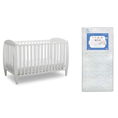 Delta Children Twinkle 4-in-1 Convertible Baby Crib, Sustainable New Zealand Wood, White and Delta Children Twinkle Galaxy Dual Sided Recycled Fiber Core Crib and Toddler Mattress (Bundle)