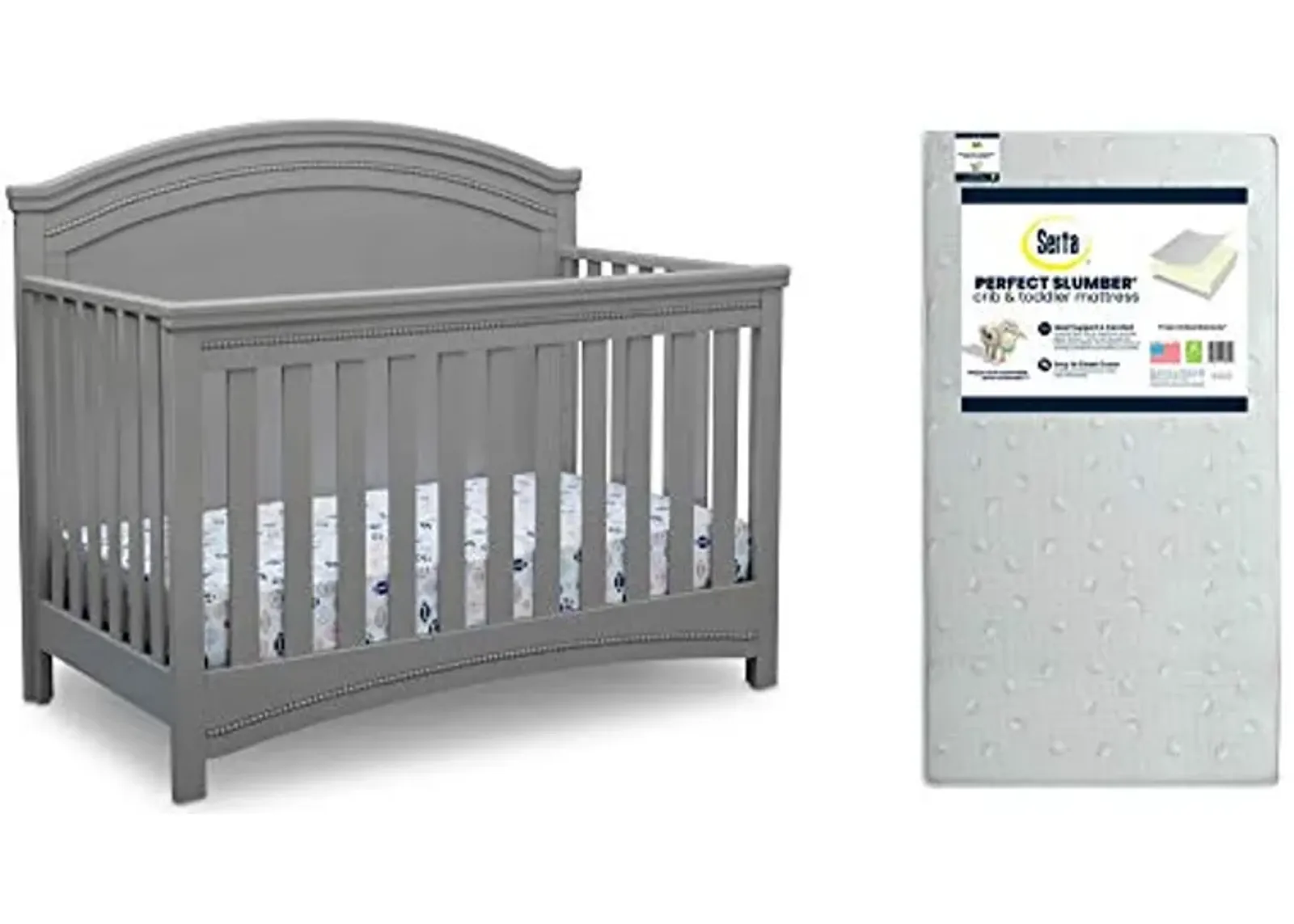 Simmons Kids SlumberTime Emma Convertible Crib N More, Grey + Serta Perfect Slumber Dual Sided Recycled Fiber Core Crib and Toddler Mattress (Bundle)